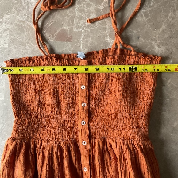 Aerie Rust Orange Smocked Button Front Tie Up Straps Midi Sun Dress Size Medium - Picture 7 of 9